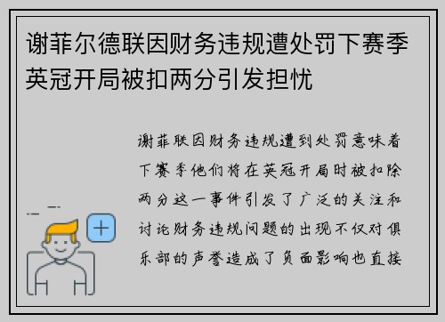 谢菲尔德联因财务违规遭处罚下赛季英冠开局被扣两分引发担忧 谢菲尔德联因财务违规遭处罚下赛季英冠开局被扣两分引发担忧